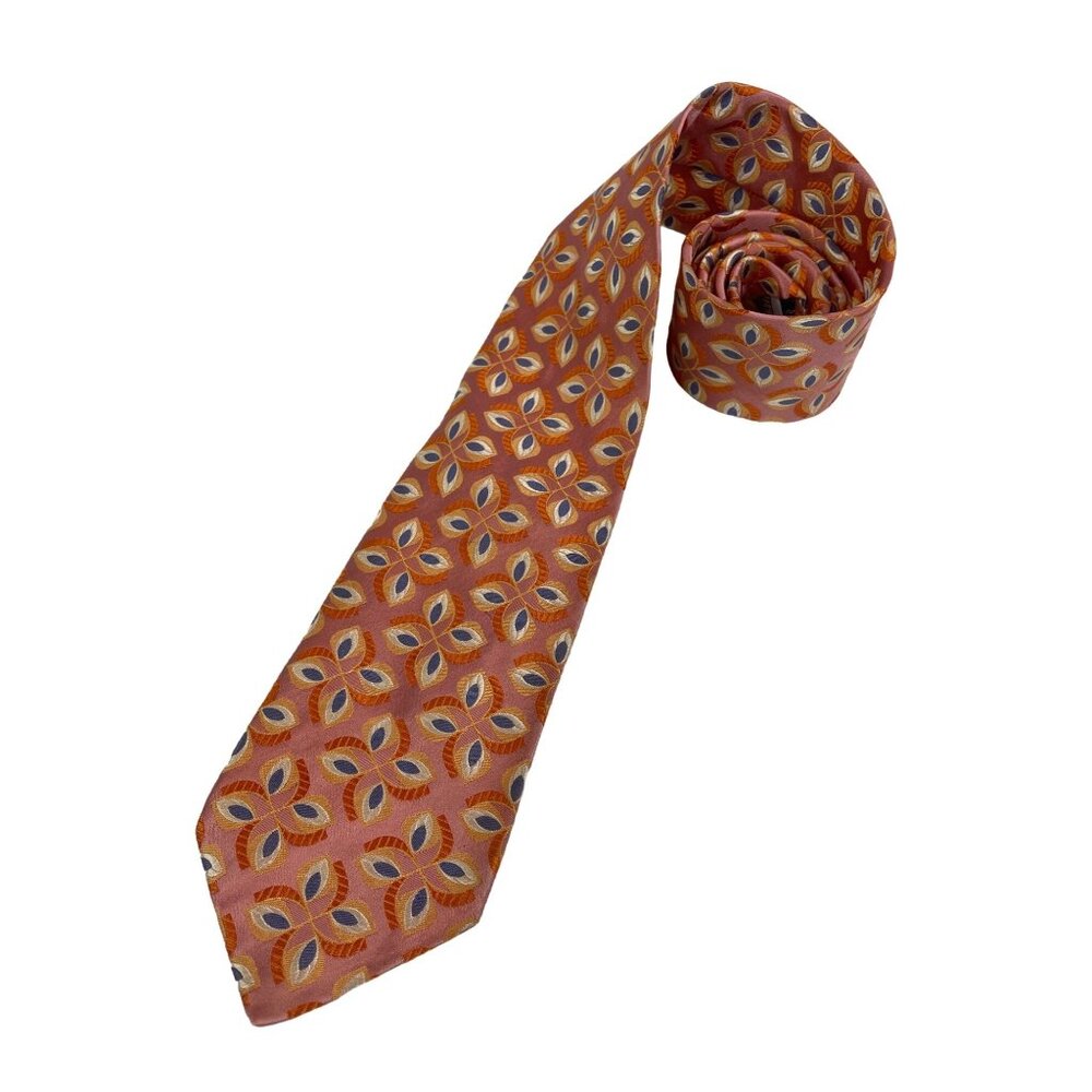 XMI Platinum Men's Necktie 100% Silk Tie Gold Abstract Floral Pink Wide Italy